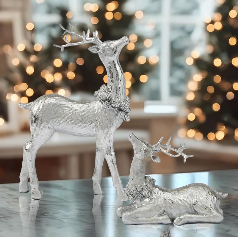 DN DECONATION Christmas Reindeer Figurines, Winter Deer Small Statues Decor, Silver Decorative Reindeer Sculptures, Resin Xmas Holiday Home Décor Accents for Office Living Room & Bedroom 2PCS - Image 4